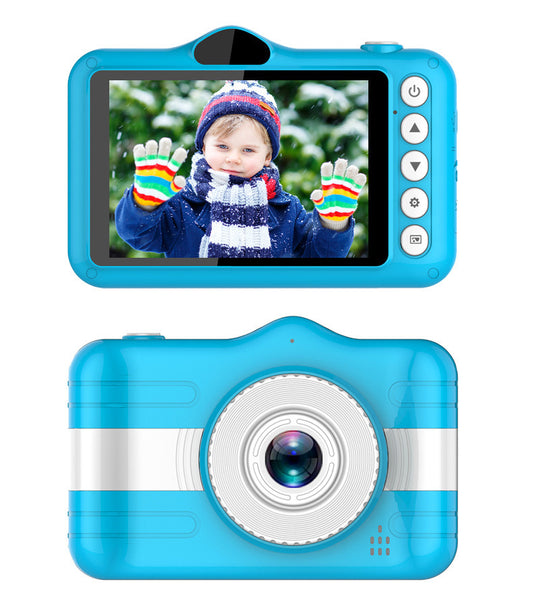 Large Screen Children's Camera Mini Digital Camera in bright blue with a child taking a photo.